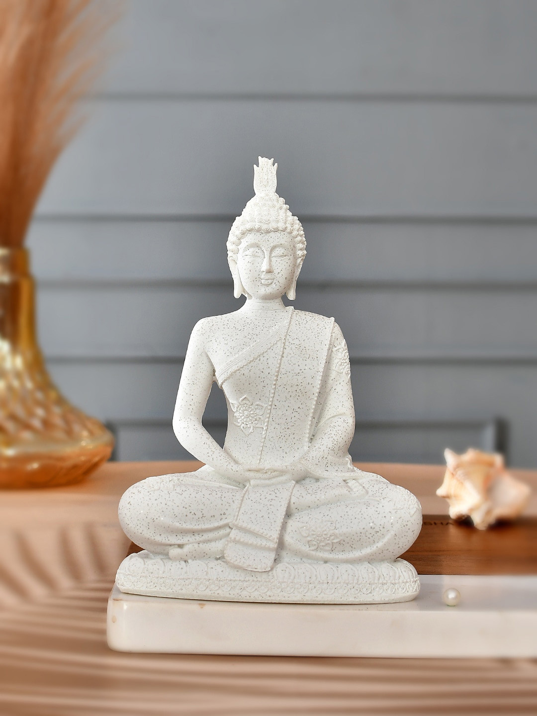 TAYHAA Buddha White Resin Glossy Living Room Small Showpiece - 7.9 Inches
