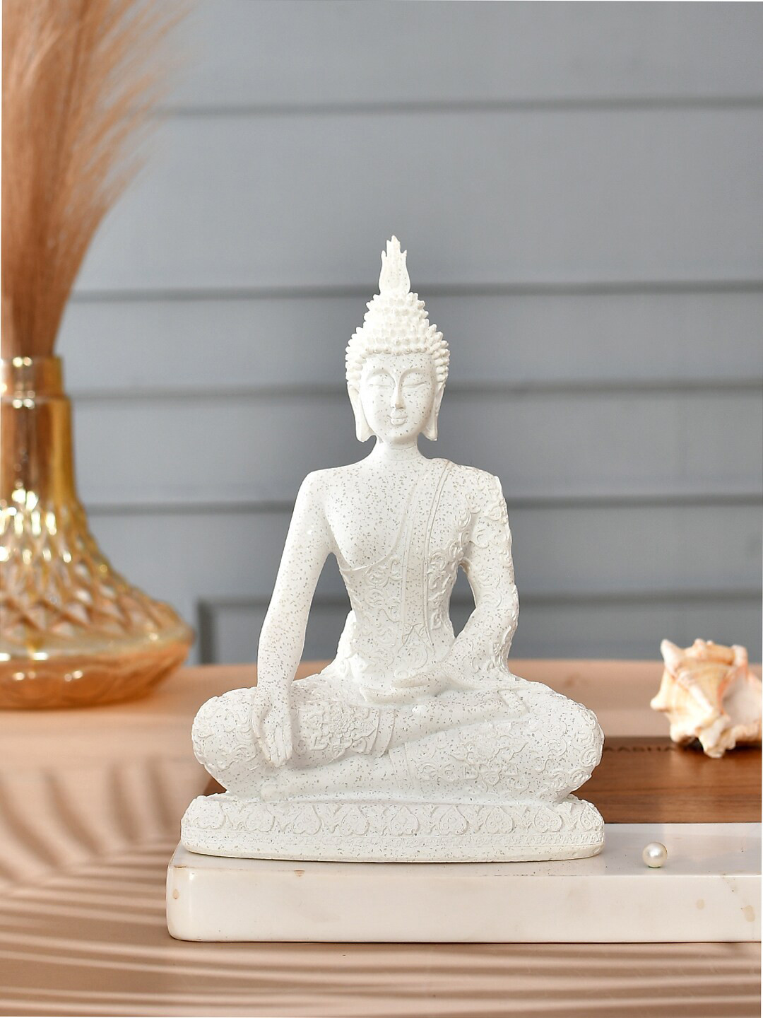 TAYHAA Buddha White Resin Glossy Prayer Room Small Showpiece - 7.9 Inches