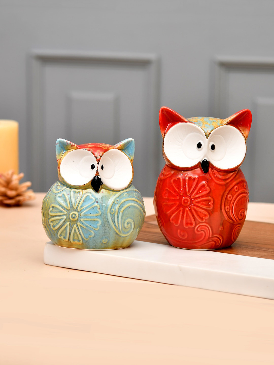 TAYHAA Enchanted Owl Red Ceramic Matte Living Room Set of 2 Small Showpieces - 4.5 Inches