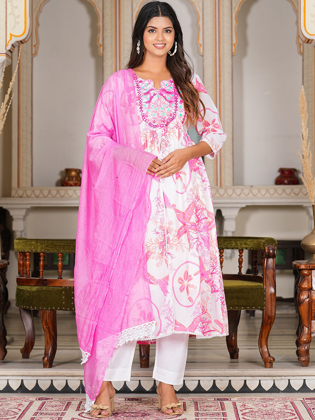 YASH GALLERY Floral Printed Mirror Work Pure Cotton Anarkali Kurta & Trousers With Dupatta
