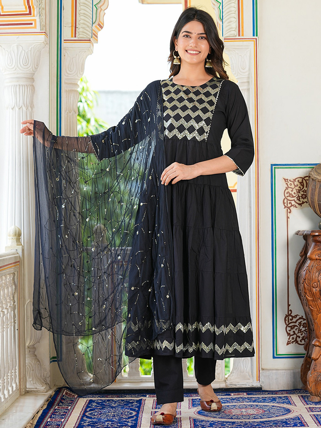 YASH GALLERY Chevron Yoke Design Sequinned Pure Cotton Kurta & Trousers With Dupatta