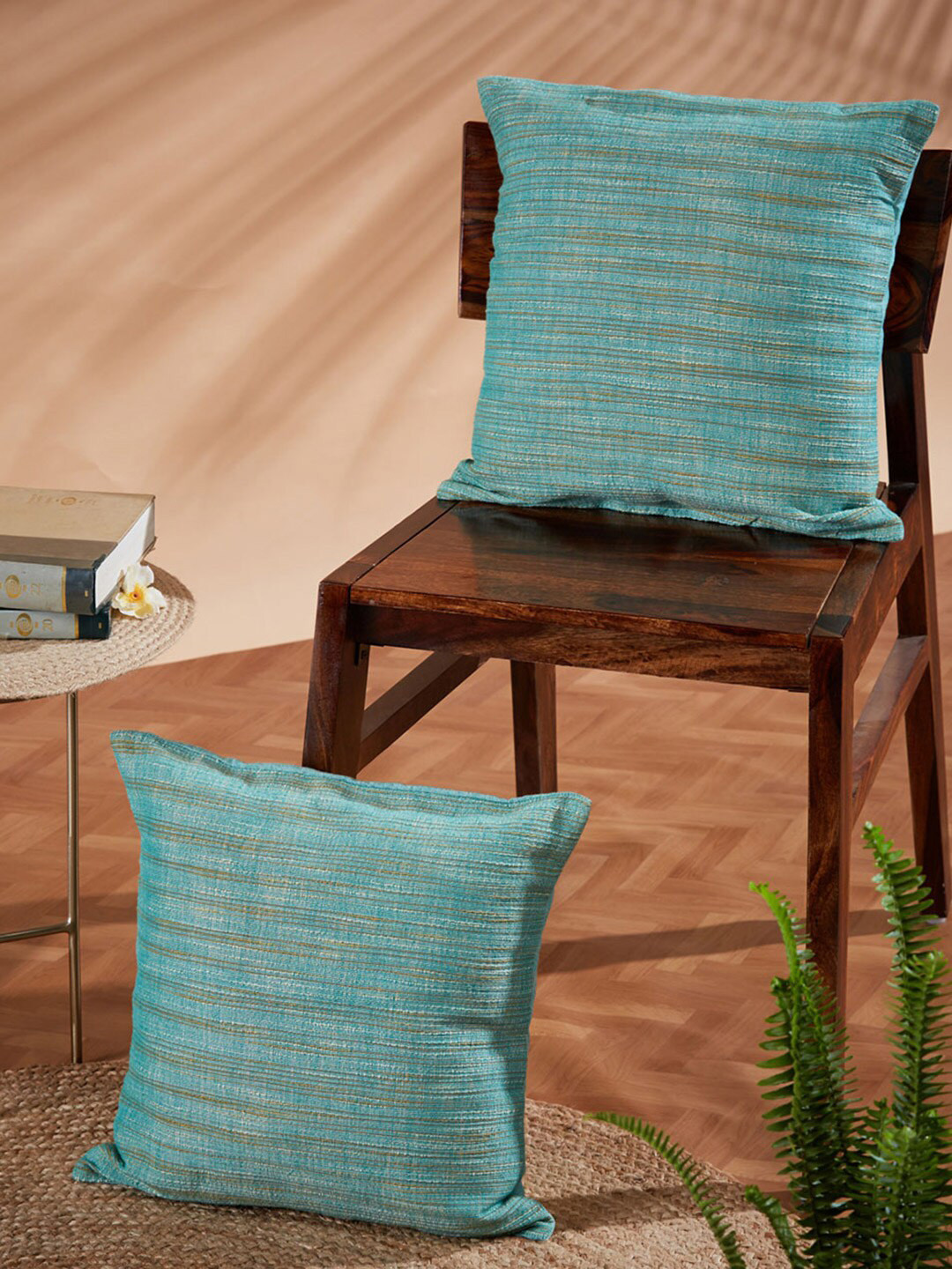 Fabindia Haiba Teal Striped Cotton Breathable 2 Piece Square Cushion Covers -16x16In