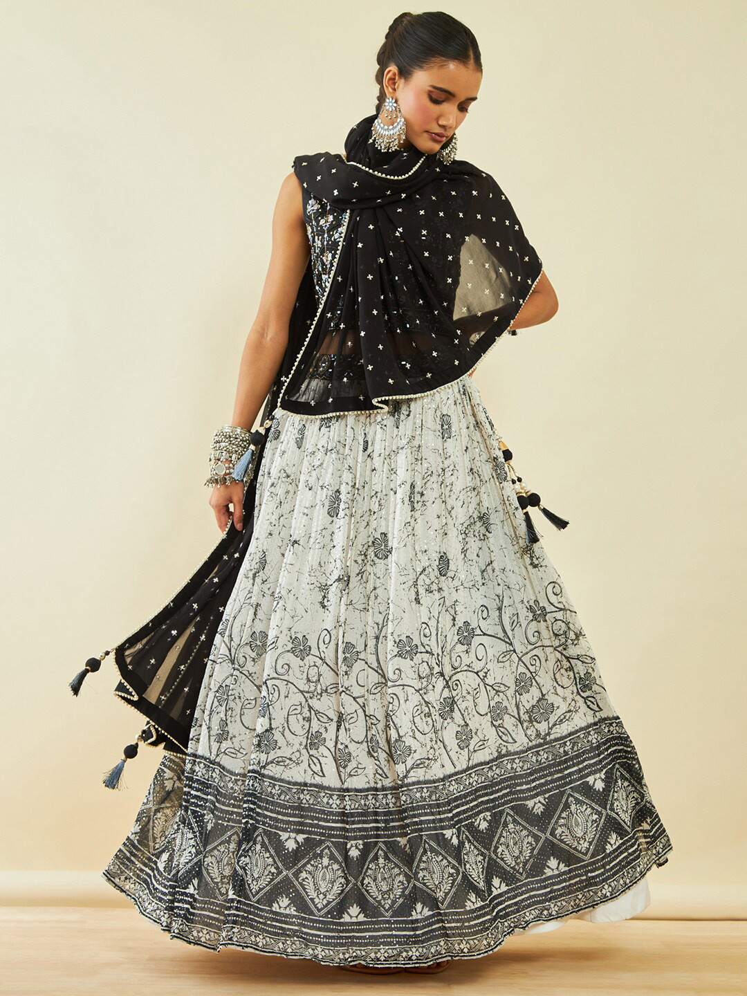 Soch White & Black Floral Embroidered Ready to Wear Lehenga & Blouse With Dupatta