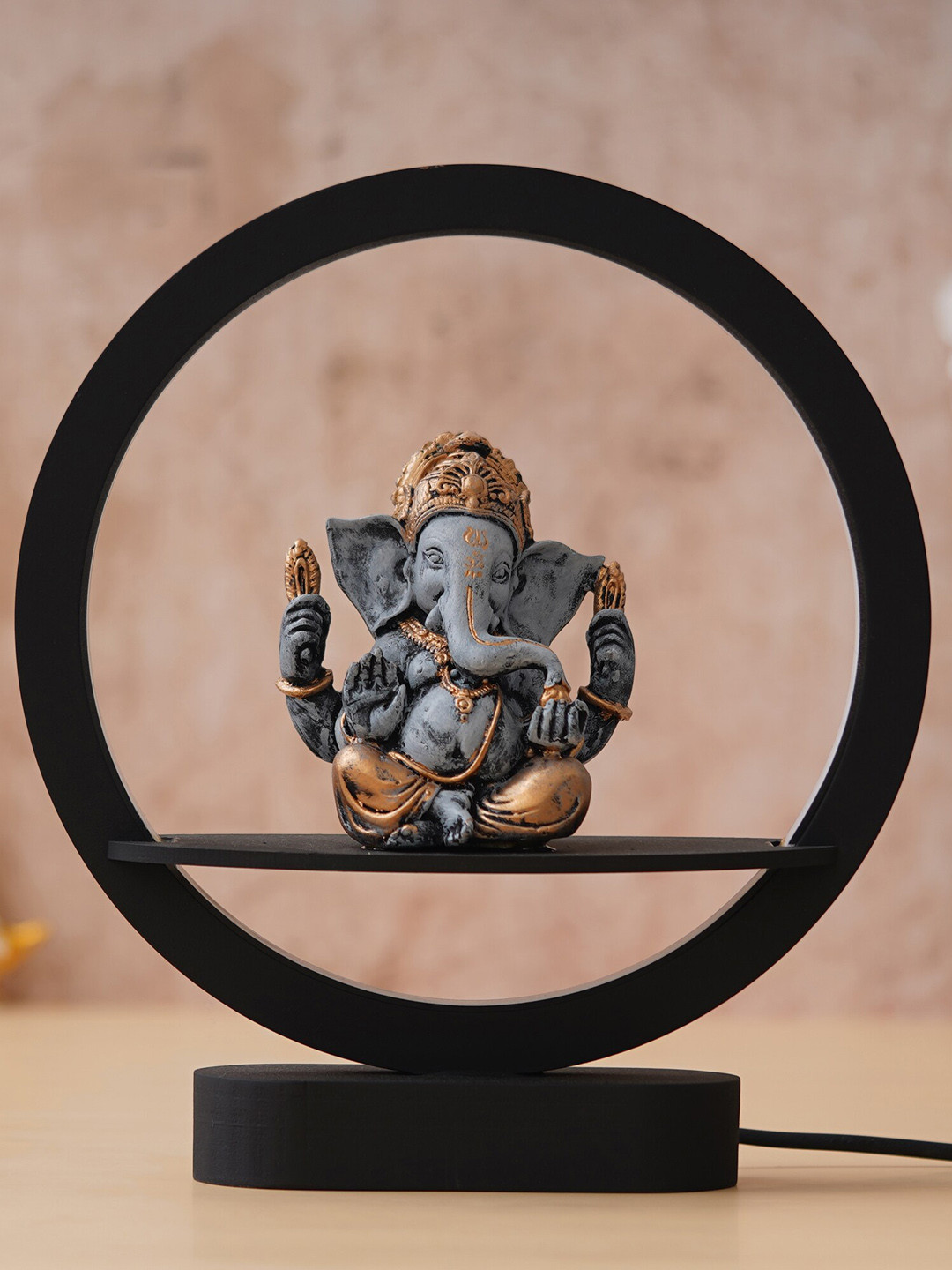 eCraftIndia Grey & Black Lord Ganesha Idol Circular Polyresin Night Table Lamp