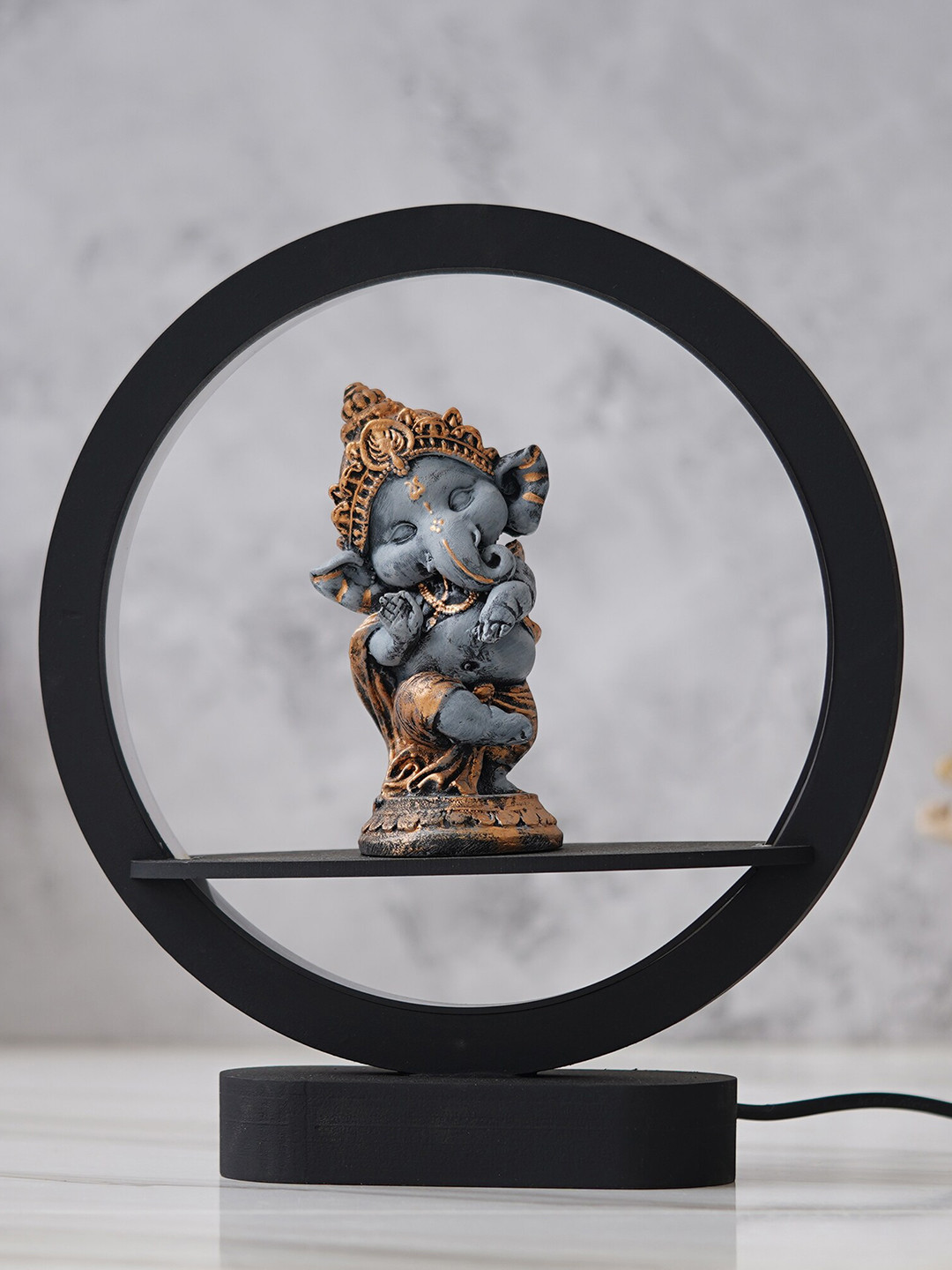 eCraftIndia Grey Lord Ganesha Idol Circular Polyresin Night Table Lamp