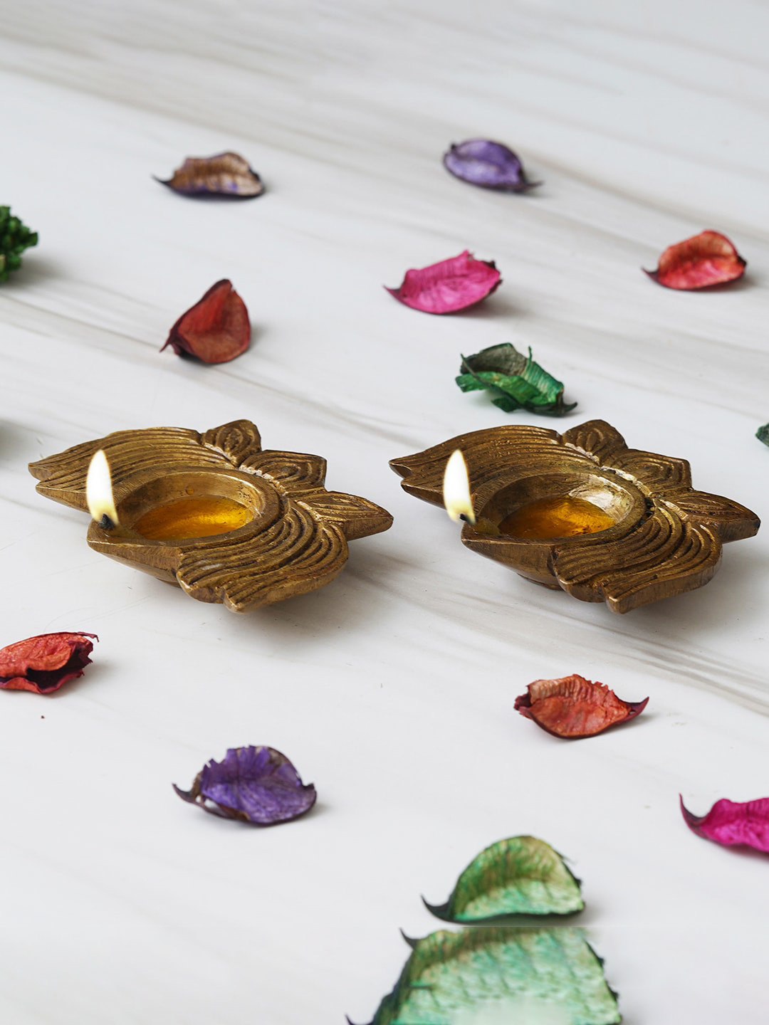 eCraftIndia Gold Toned 2 Pieces Lotus Shaped Traditional Brass Diyas