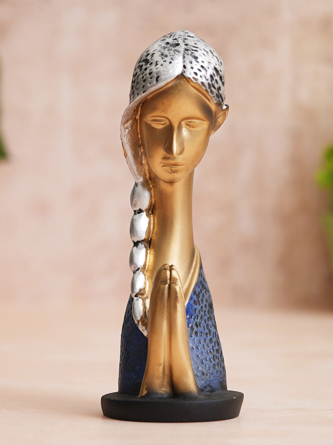 eCraftIndia Women Praying Silver Polyresin Natural Living Room Hand-Crafted Medium Showpiece - 3.3 Inches