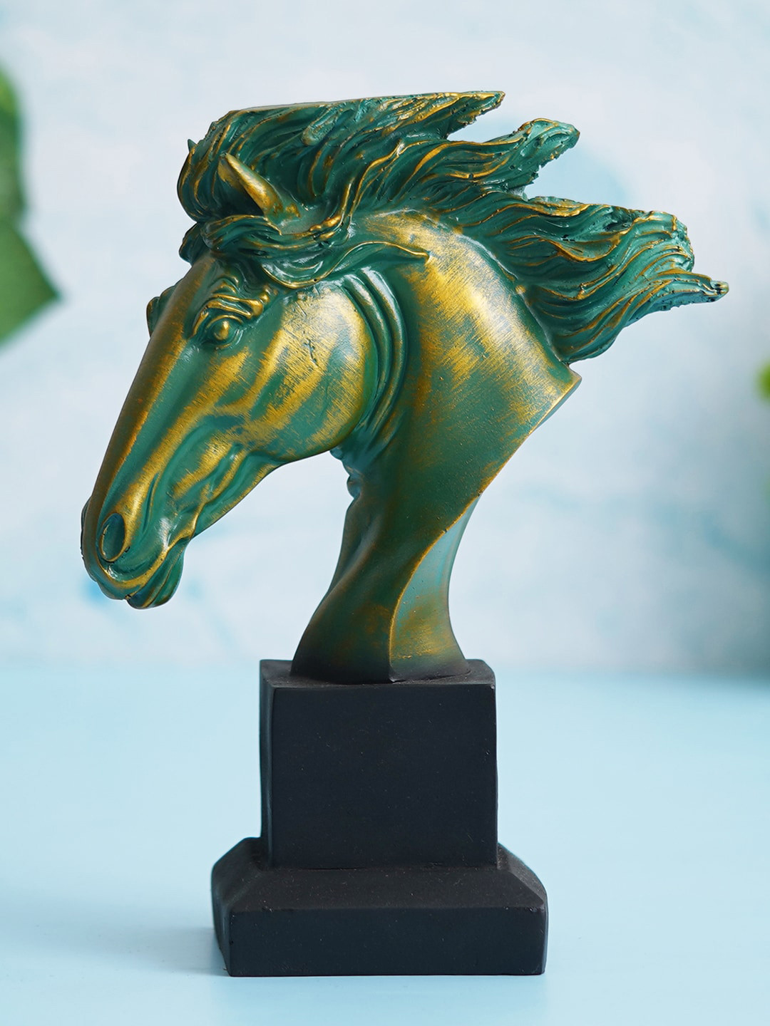 eCraftIndia Horse Head Green Polyresin Natural Living Room Medium Showpiece - 3.7 Inches