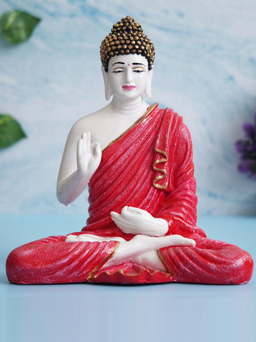 eCraftIndia Blessing Lord Buddha Red Polyresin Glossy Living Room Hand-Crafted Medium Showpiece - 13 Inches