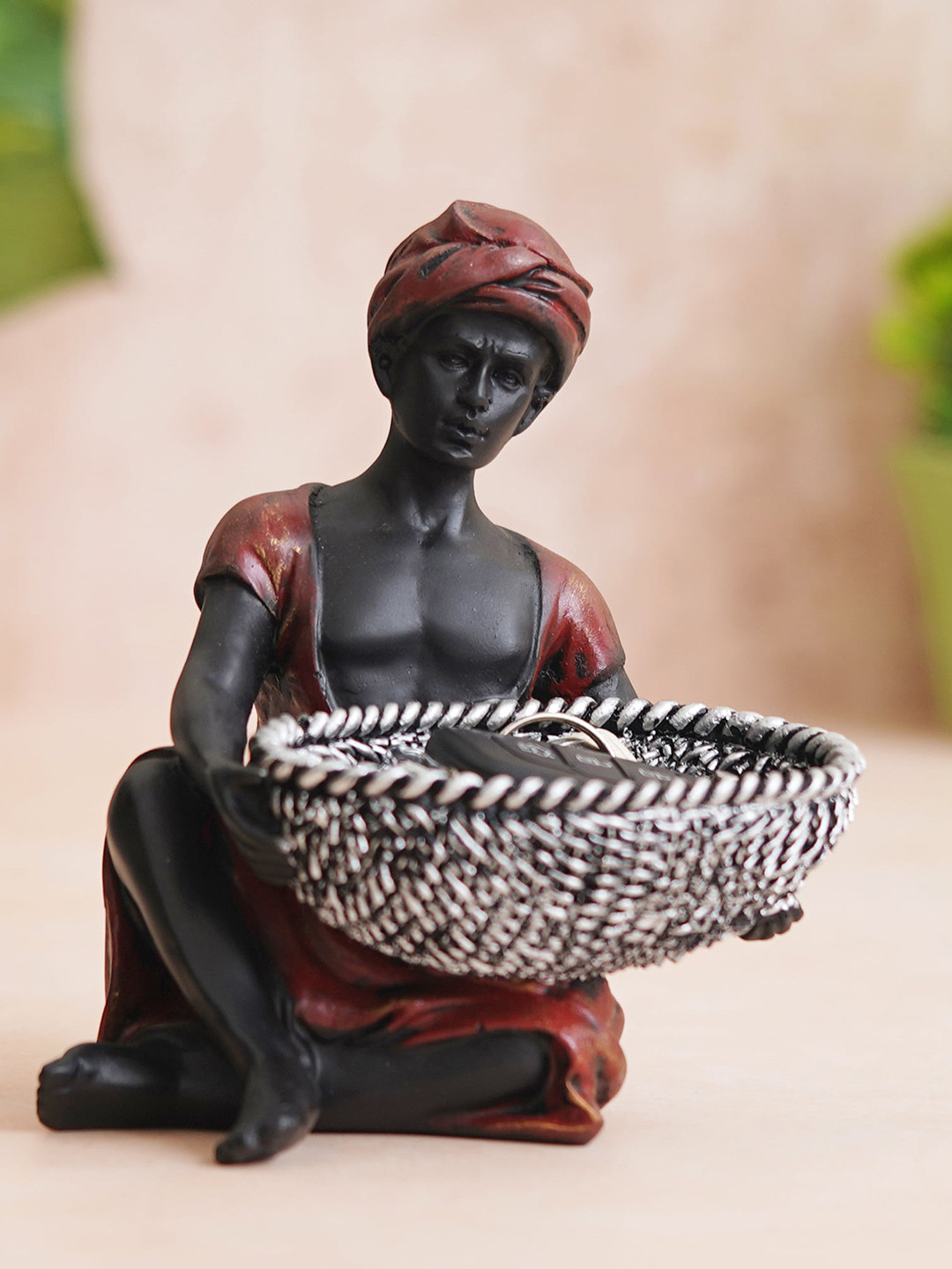 eCraftIndia Copper Sitting Man Idol Carrying Basket Human Figurine Decorative Showpiece