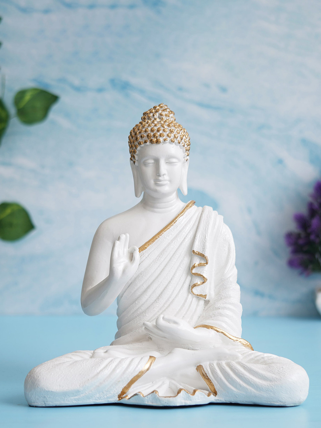 eCraftIndia Blessing Lord Buddha White Polyresin Matte Living Room Hand-Crafted Medium Showpiece - 7.5 Inches