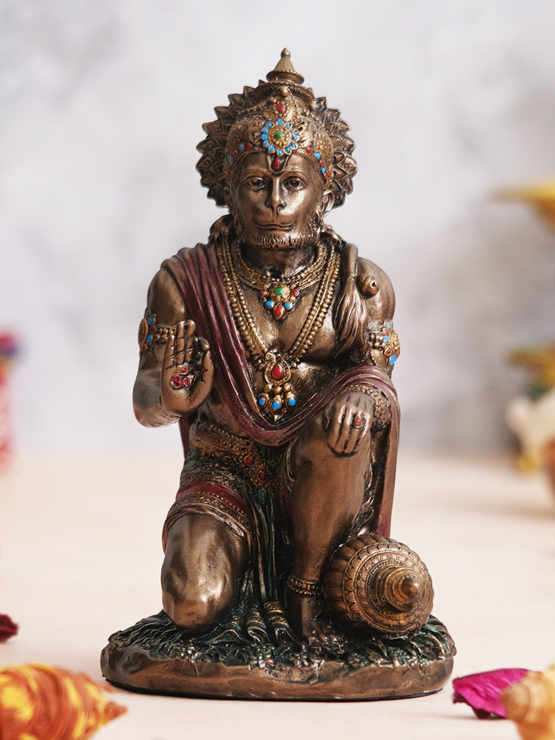 eCraftIndia Blessing Hanuman Coffee Brown Polyresin Natural Living Room Medium Showpiece - 3.9 Inches