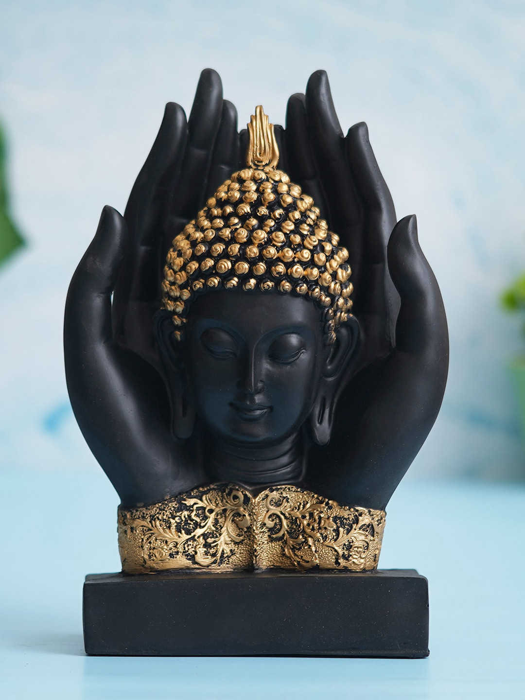 eCraftIndia Palm Buddha Black Polyresin Matte Prayer Room Hand-Crafted Medium Showpiece - 6.7 Inches