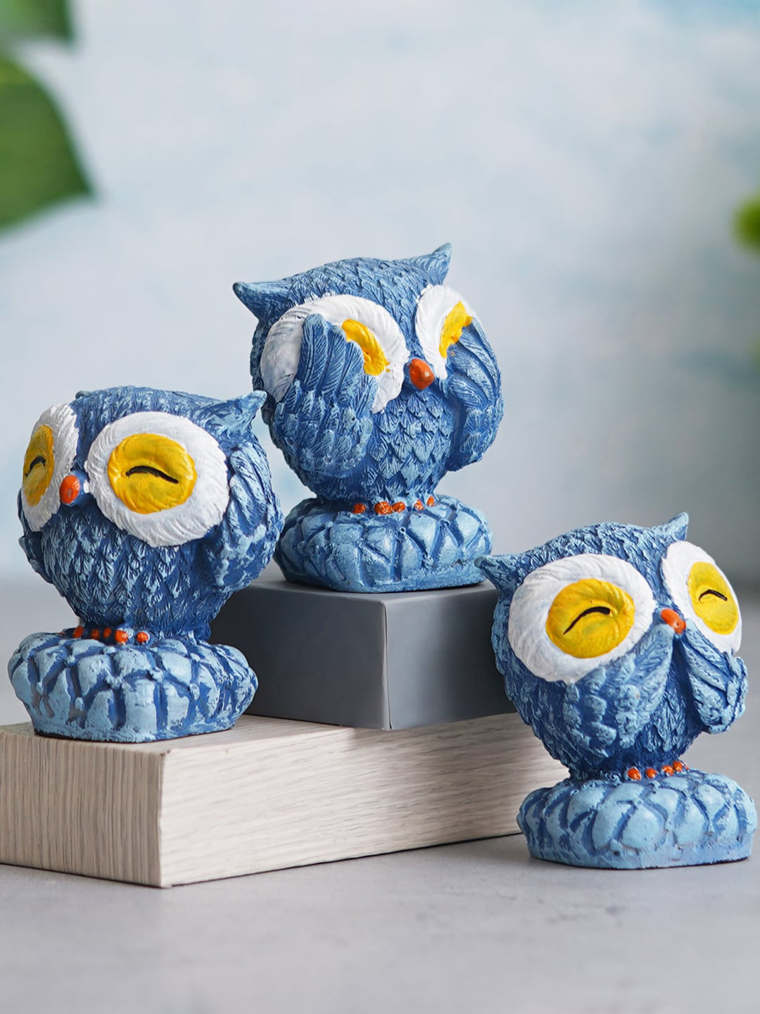 eCraftIndia Blue 3 Pieces Cute Owl Statues Bird Figurines Decorative Showpieces