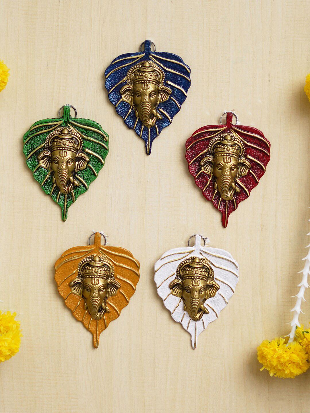 eCraftIndia Yellow & Gold Toned 5 Pieces Lord Ganesha Face On Peepal Leaf Wall Hangings