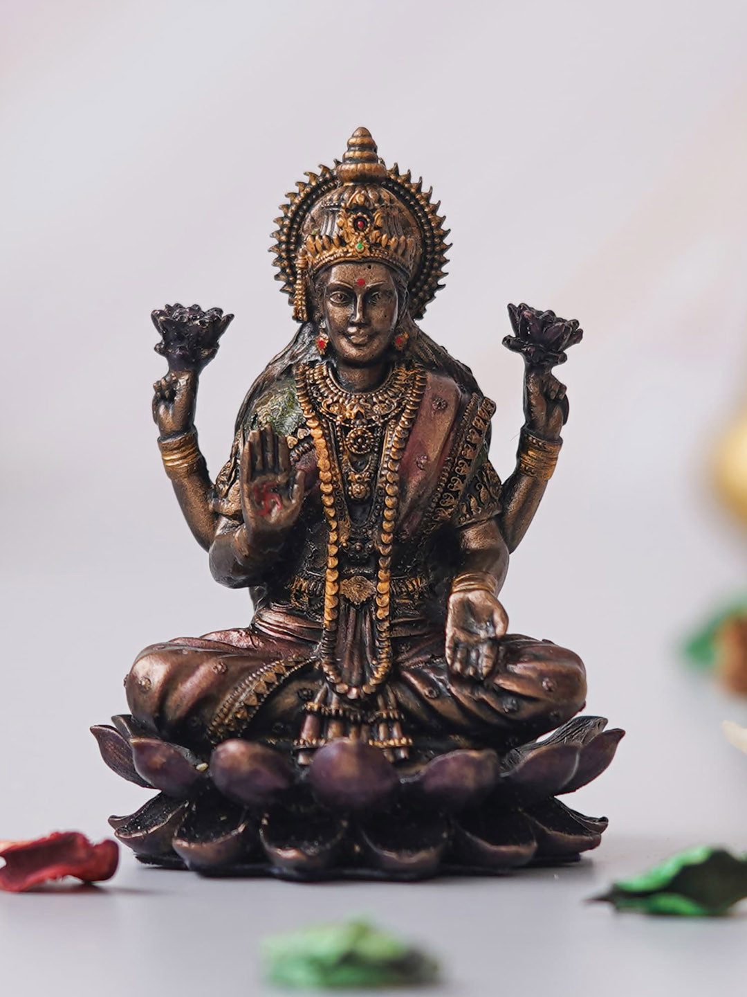 eCraftIndia Blessing Goddess Lakshmi on The Lotus Flower Copper Polyresin Natural Prayer Room Hand-Crafted Medium Showpiece - 3 Inches