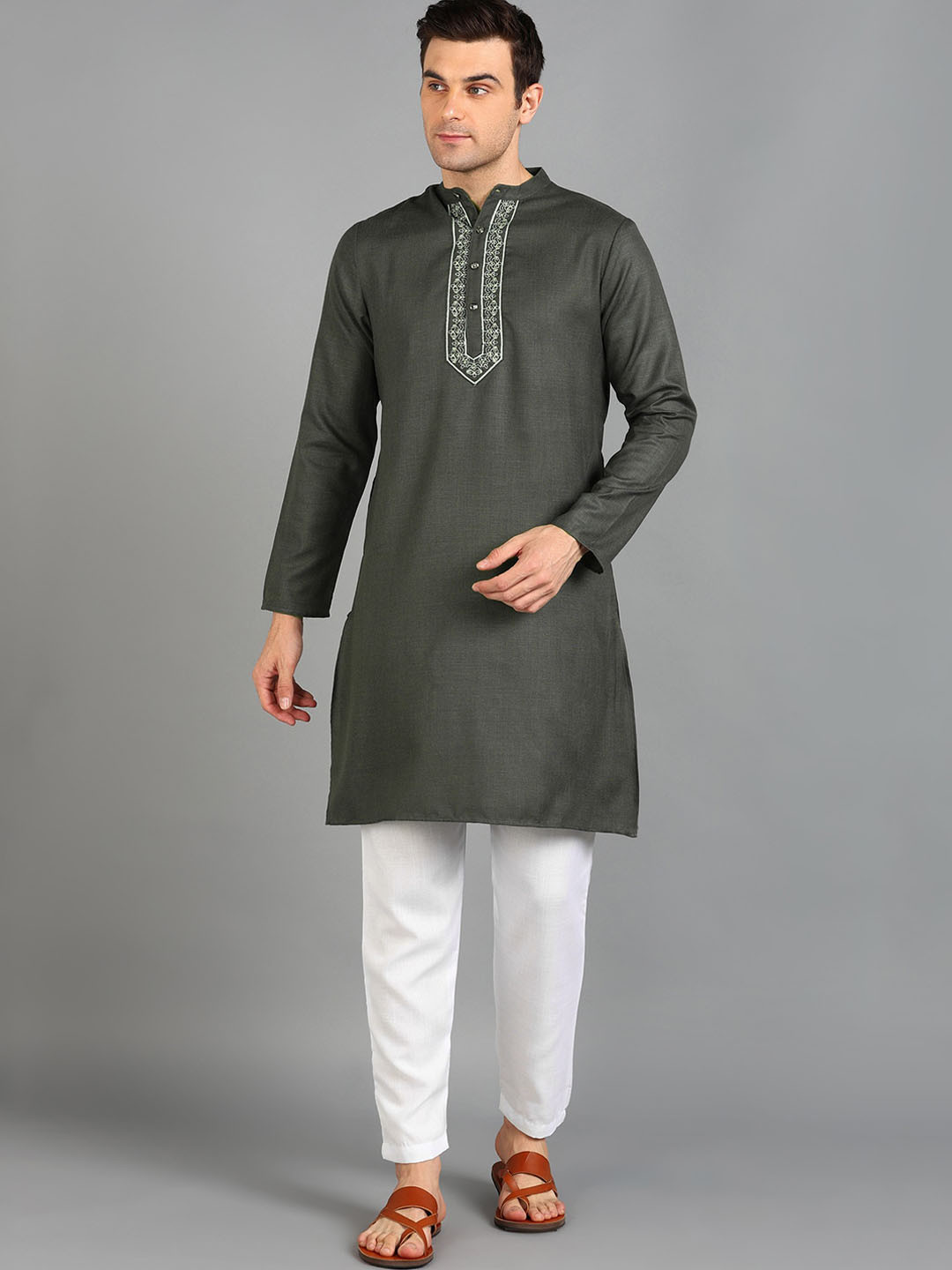 HERE&NOW Charcoal Floral Embroidered Regular Straight Kurta with Trousers
