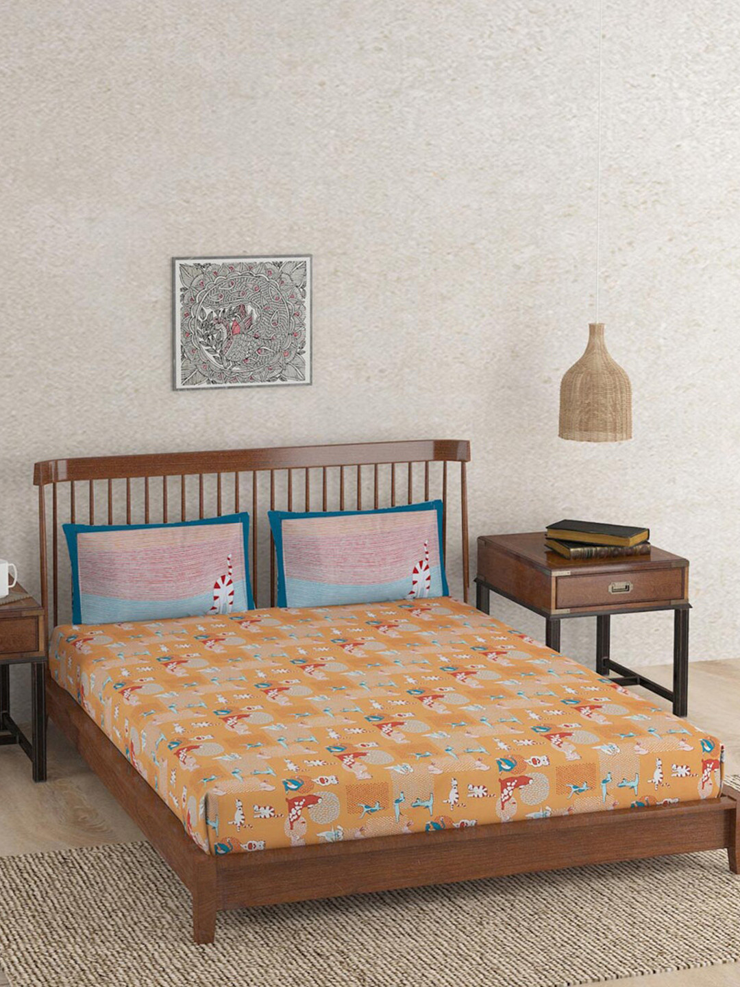 Fabindia Cosmos Brown Conversational Cotton 180 TC Double Fine Bedsheet with 2 Pillow Covers-59 x 98 inches