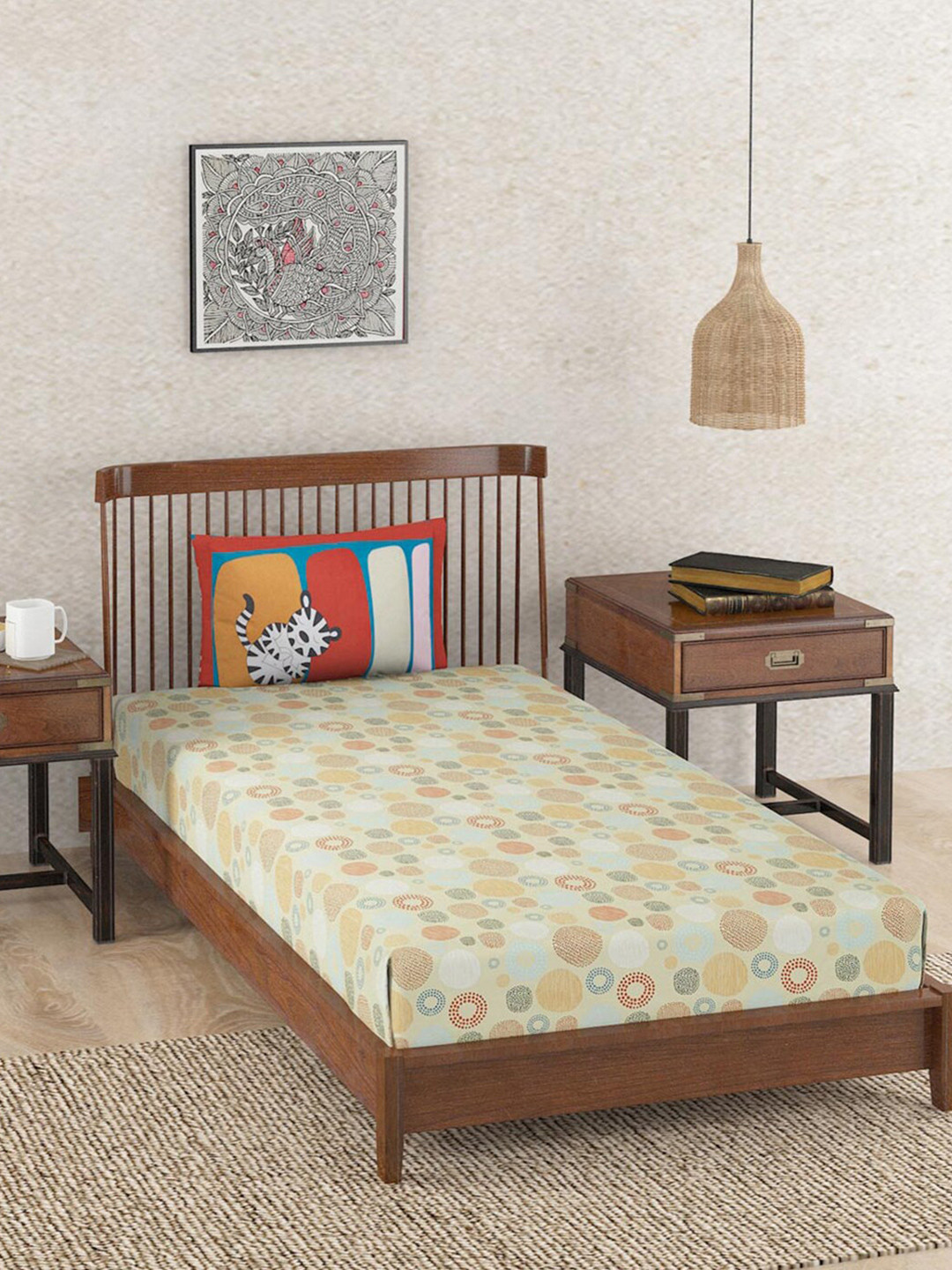 Fabindia Gizmo Beige Geometric Cotton 180 TC Queen Fine Bedsheet with 3 Pillow Covers-93 x 10 inches