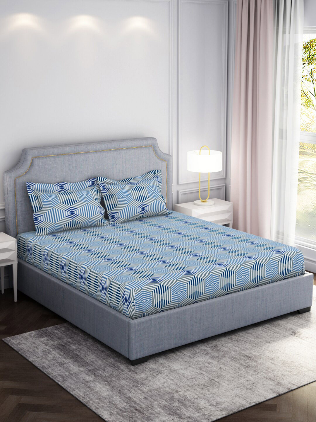 Welspun Adore Blue Geometric Microfiber 104 TC Queen Coarse Bedsheet with 2 Pillow Covers-220 x 240 cm