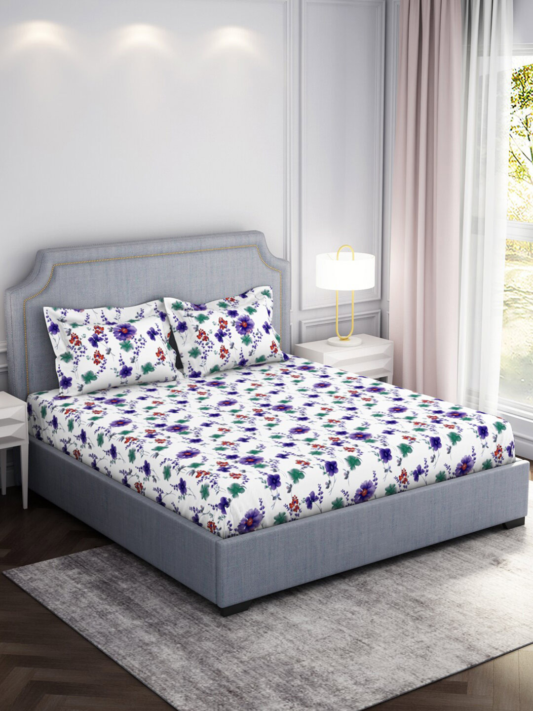 Welspun Adore White Floral Microfiber 104 TC Queen Coarse Bedsheet with 2 Pillow Covers-87 x 94 inches