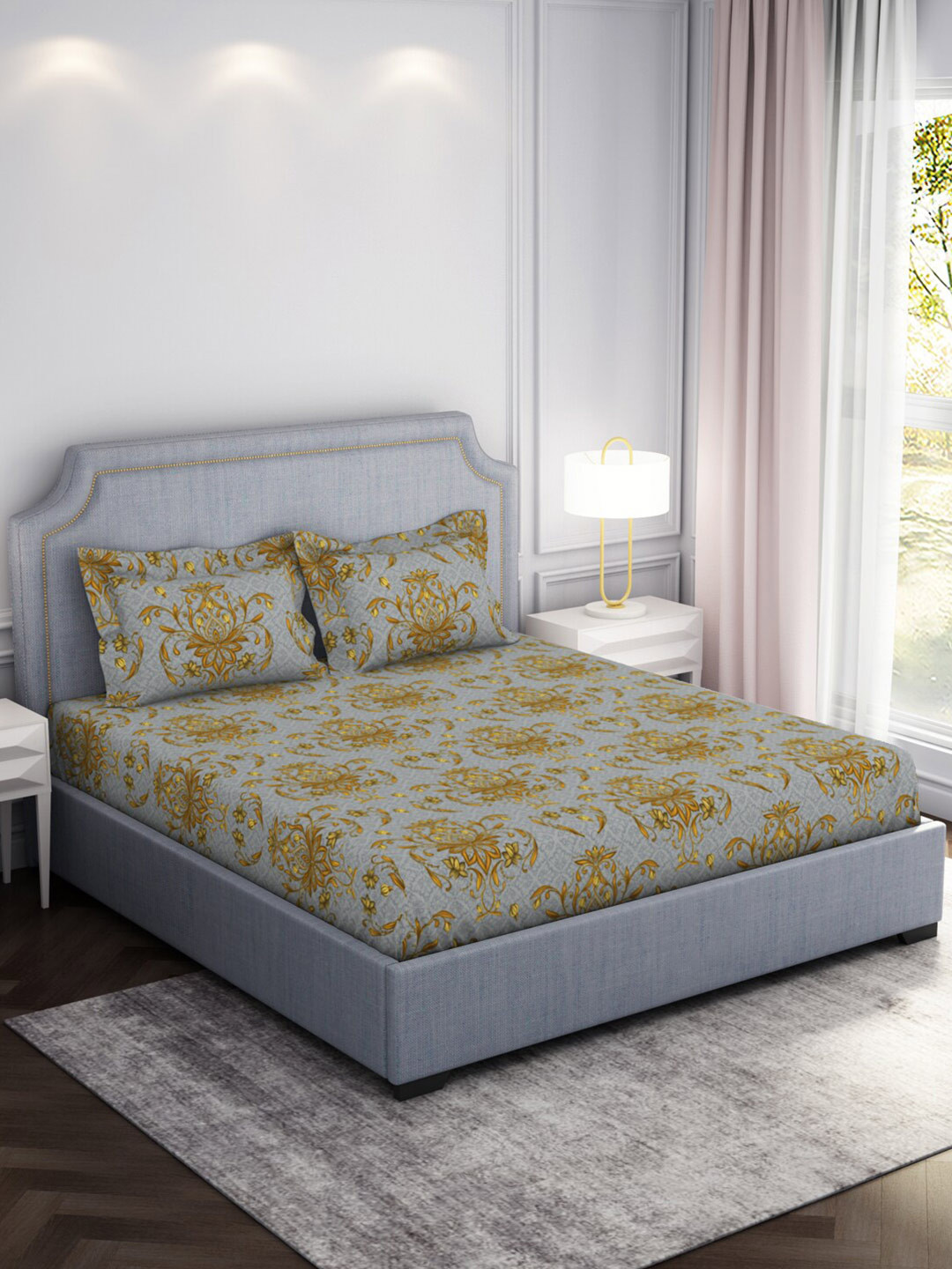 Welspun Adore Grey Ethnic Motifs Microfiber Skin-Friendly 104 TC Queen Coarse Bedsheet with 2 Pillow Covers-87 x 94 inches