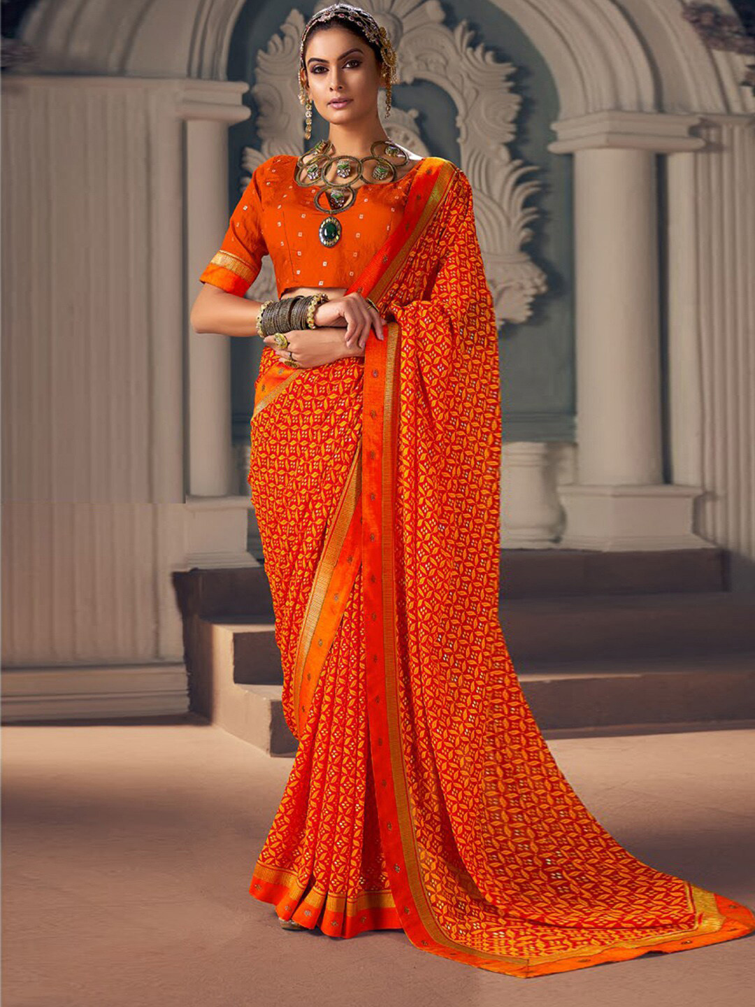 Anouk Orange & Gold-Toned Ethnic Motifs Printed Beads & Stones Bagru Saree