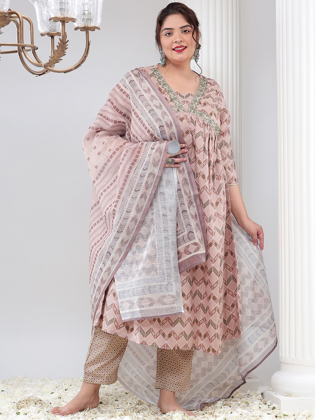 Bani Women PlusSize Ethnic Motif Printed Pure Cotton Kurta with Trousers & Dupatta