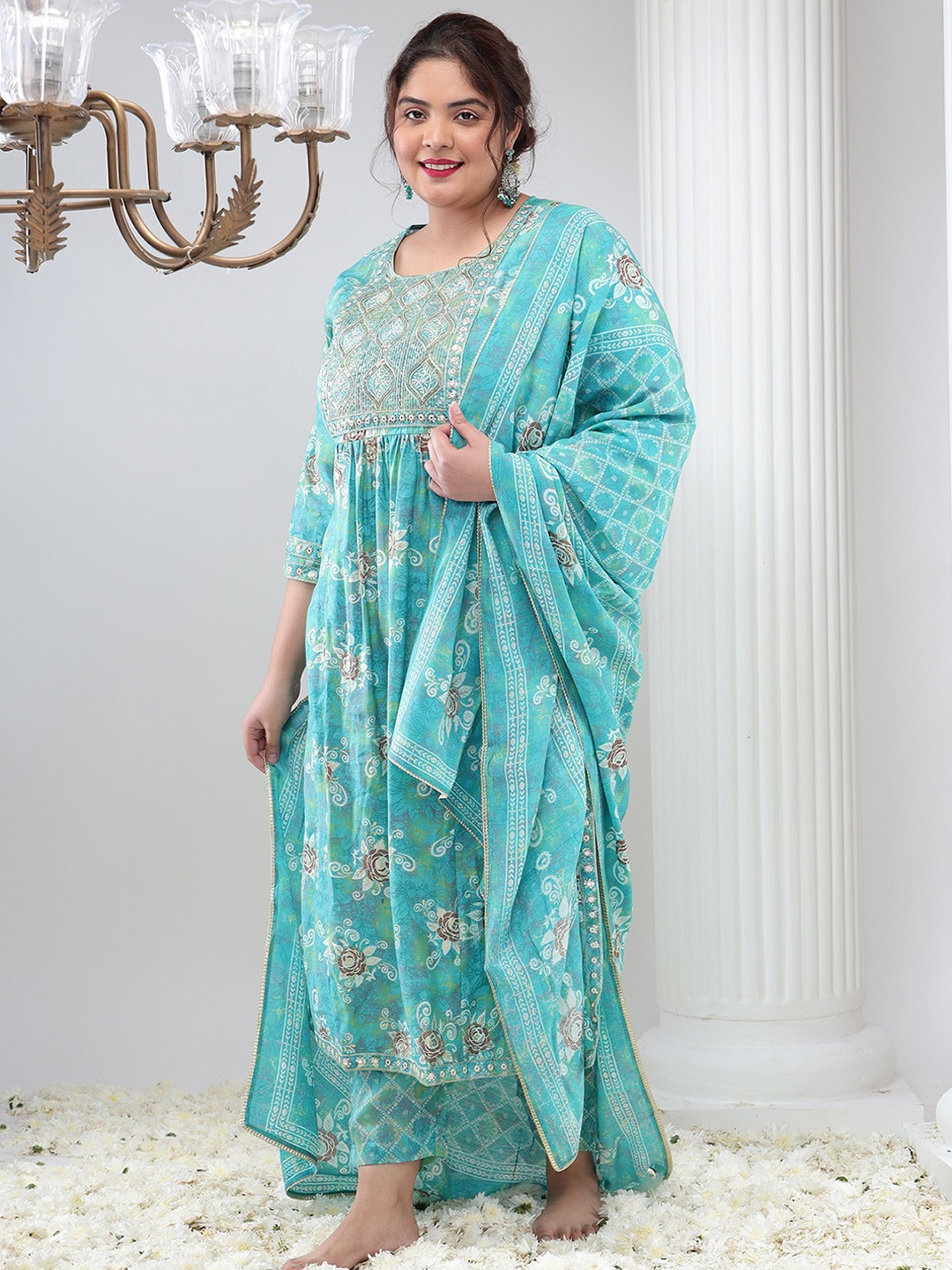 Bani Women Pus Size Floral Printed Sequinned Kurta with Trousers & Dupatta