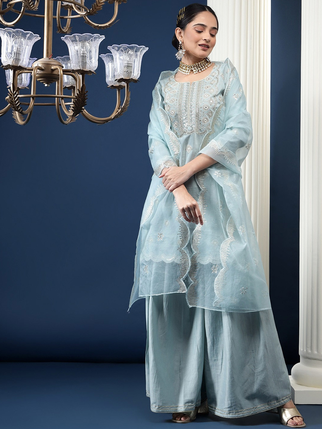 Bani Women Ethnic Motifs Embroidered High Slit Sequinned Kurta With Palazzos & Dupatta Set