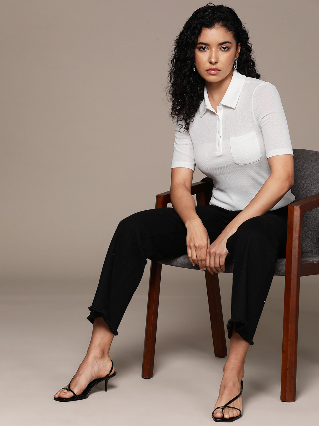 MANGO Ribbed Polo Collar Semi-Sheer T-shirt