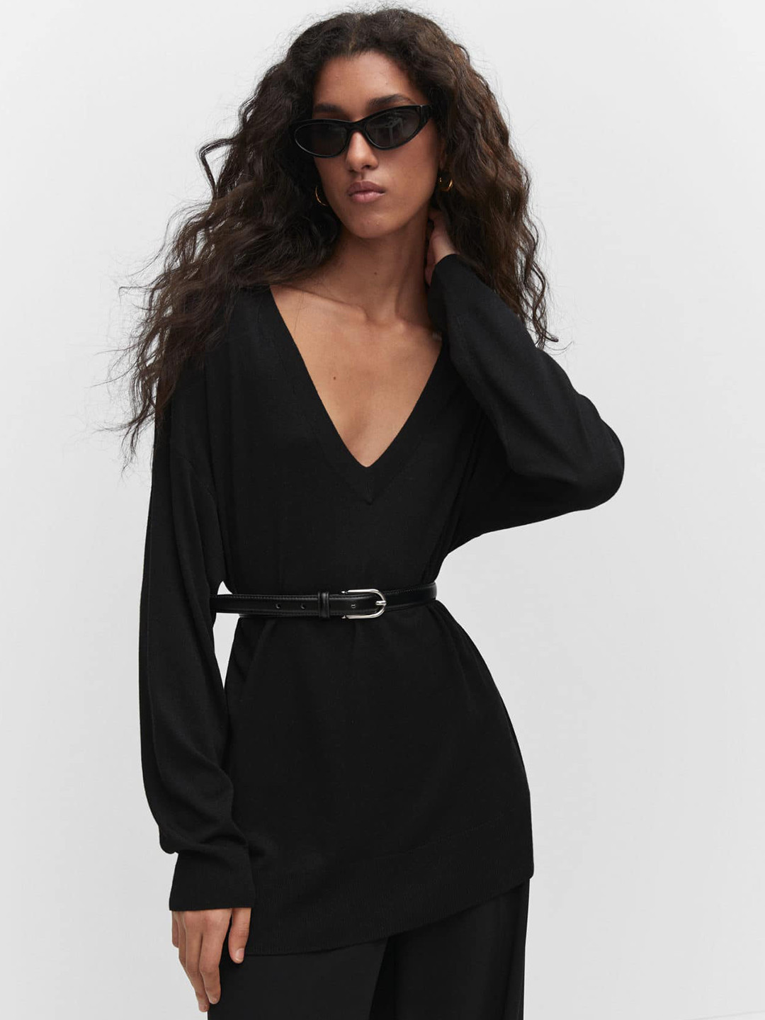 MANGO V-Neck Drop Shoulder Pullover with Side Slits