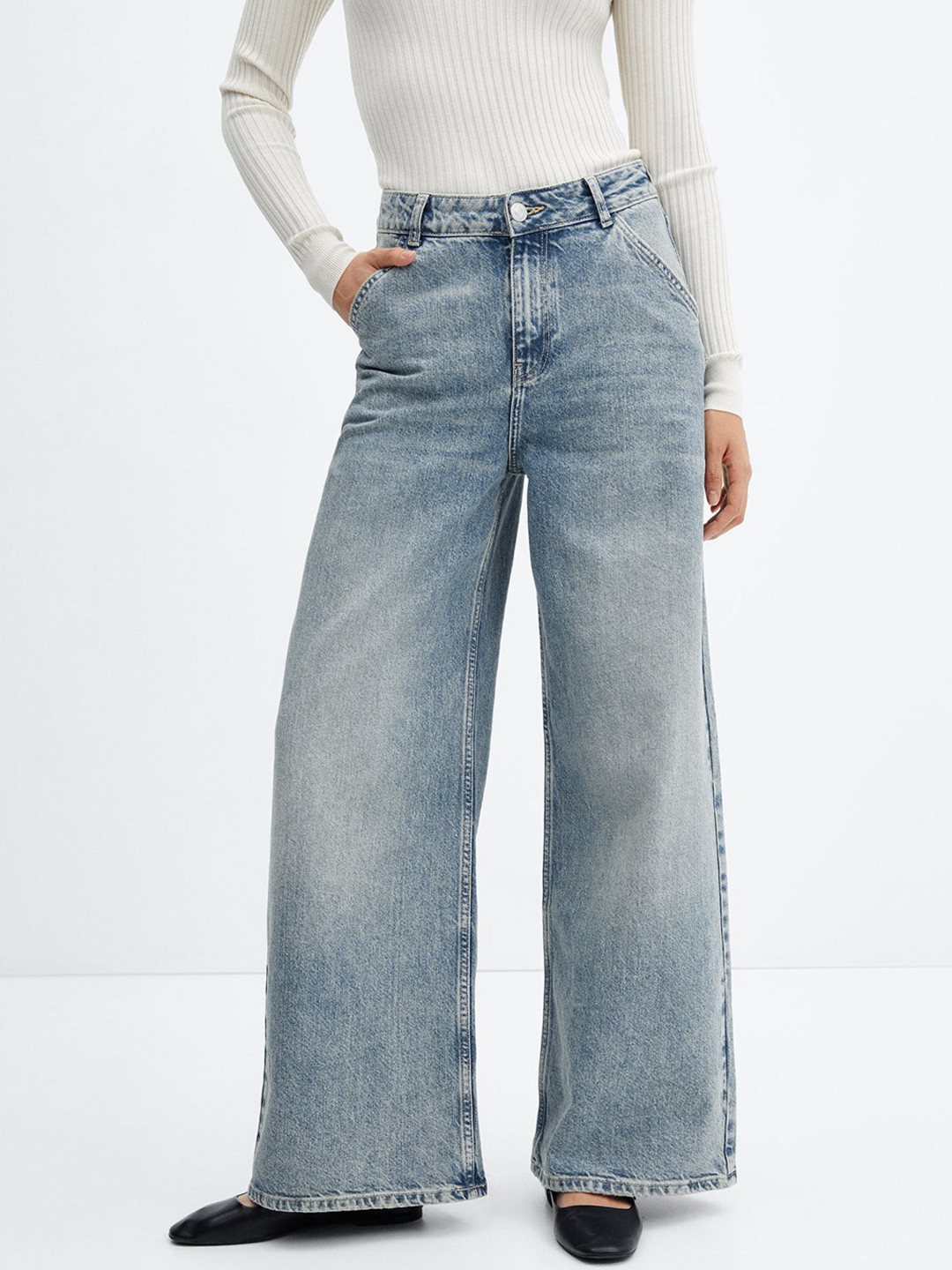 MANGO Women Wide Leg Heavy Fade Pure Cotton Jeans