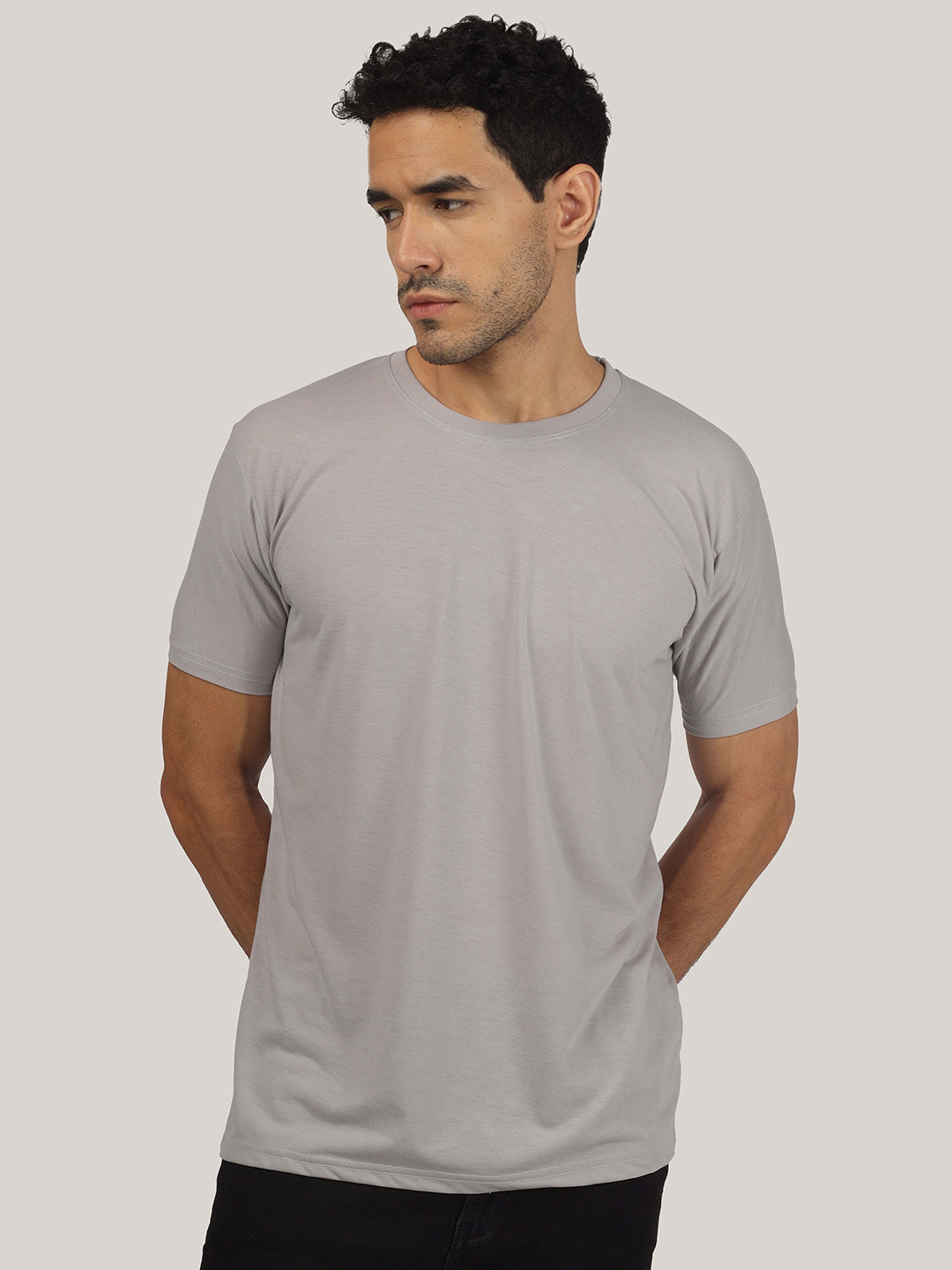 Greylongg Men Solid Grey Cotton Regular Fit Round Neck T-shirt