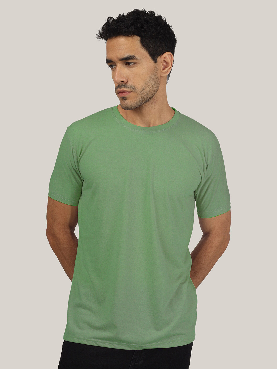 Greylongg Men Solid Green Cotton Regular Fit Round Neck T-shirt