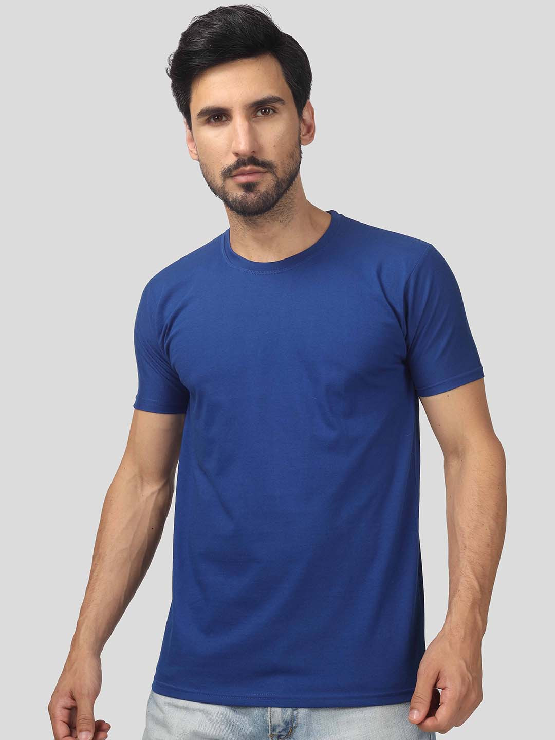 Greylongg Men Solid Blue Cotton Regular Fit Round Neck T-shirt