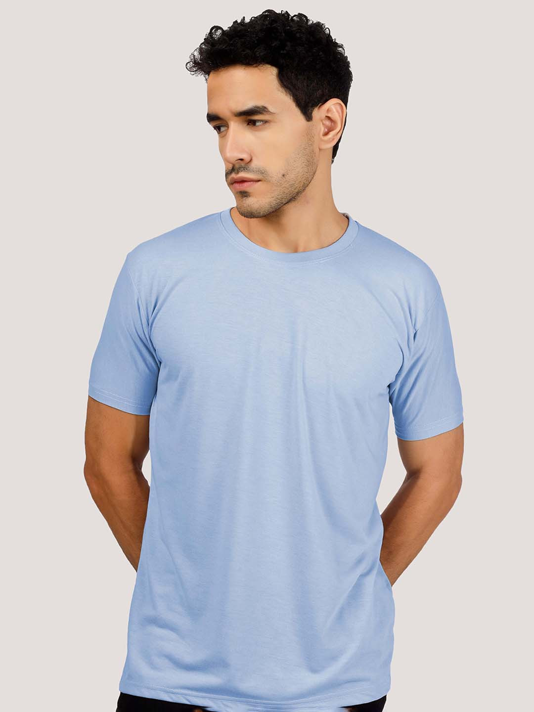Greylongg Men Solid Sky Blue Cotton Regular Fit Round Neck T-shirt