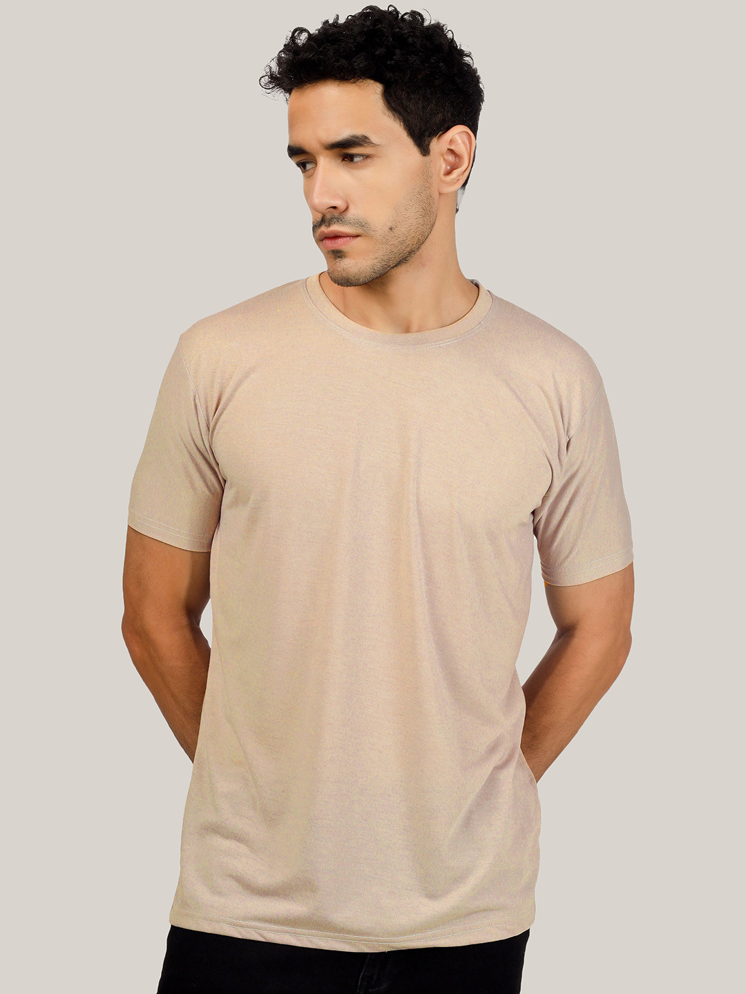 Greylongg Men Solid Beige Cotton Regular Fit Round Neck T-shirt