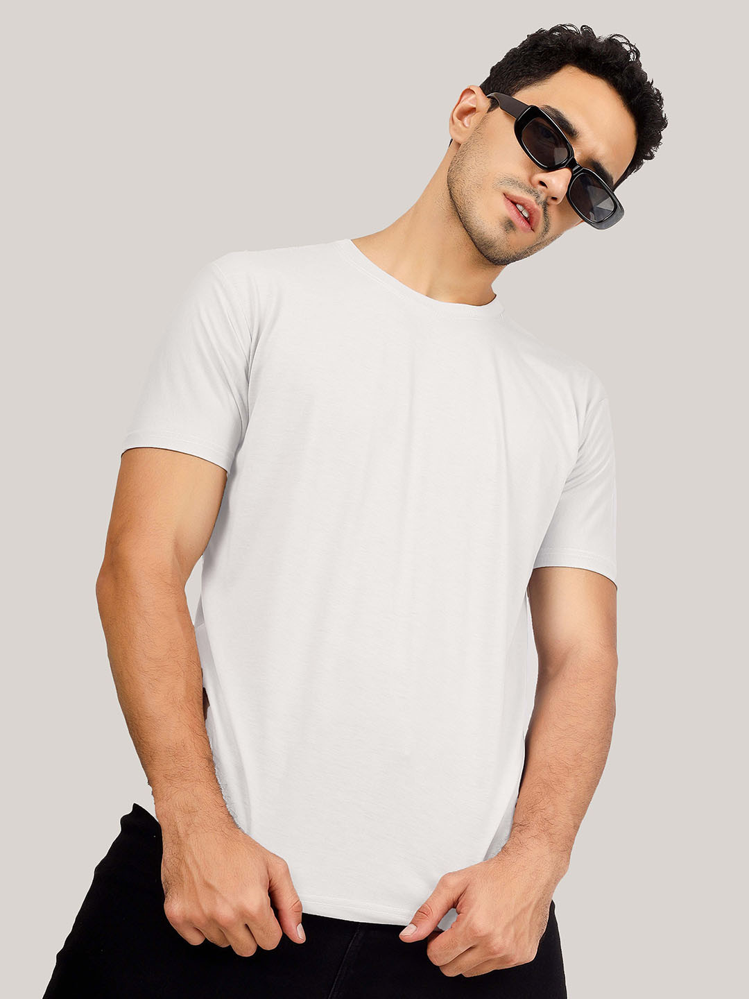 Greylongg Men Solid White Cotton Regular Fit Round Neck T-shirt