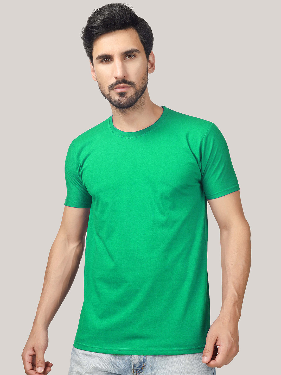 Greylongg Men Solid Green Cotton Regular Fit Round Neck T-shirt