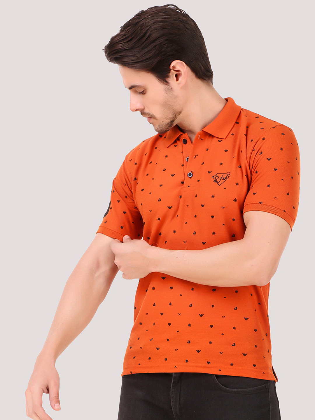 Greylongg Men Printed Orange Cotton Regular Fit Polo T-shirt