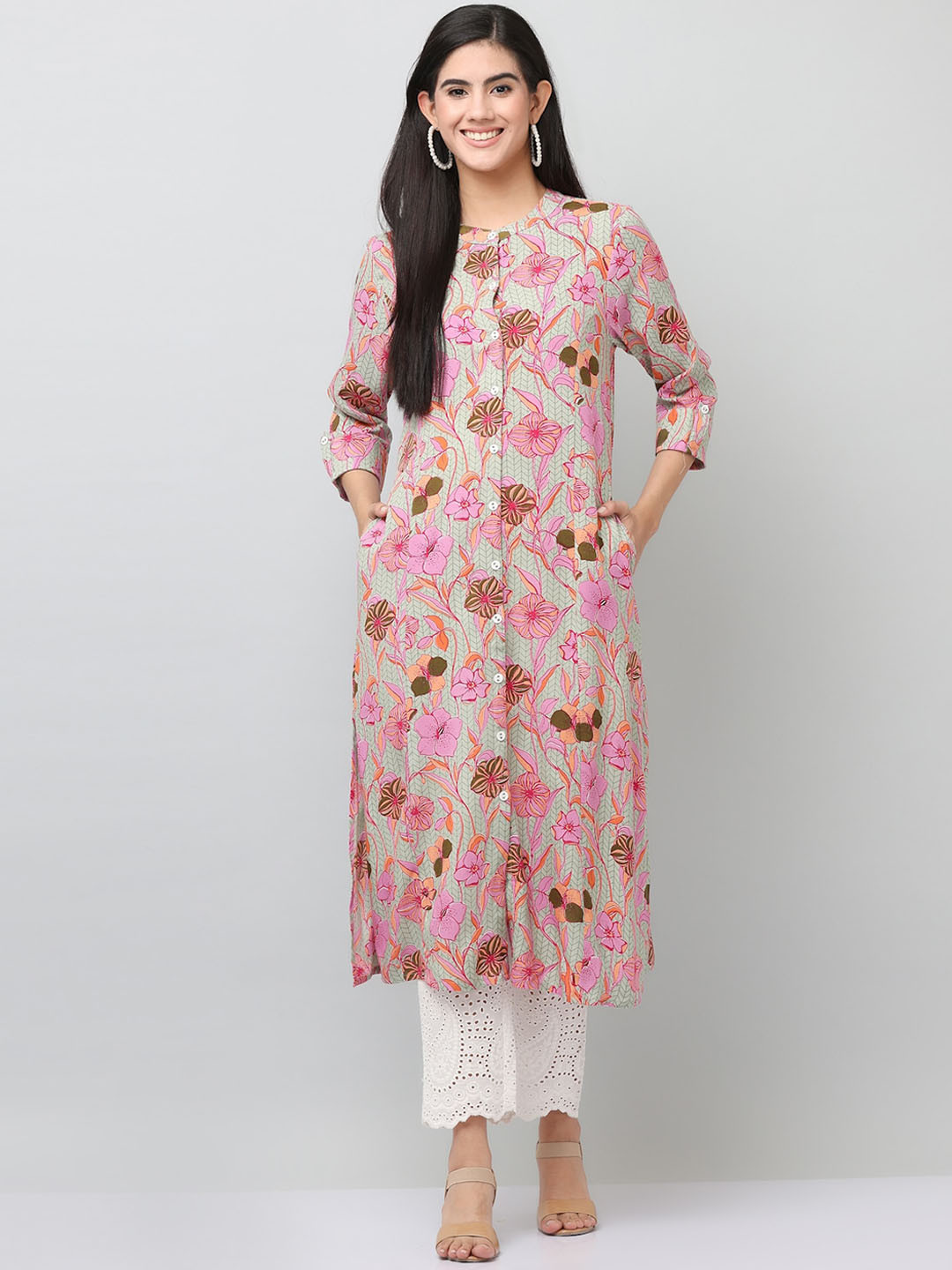 SAVI Floral Printed Band Colllar Kurta