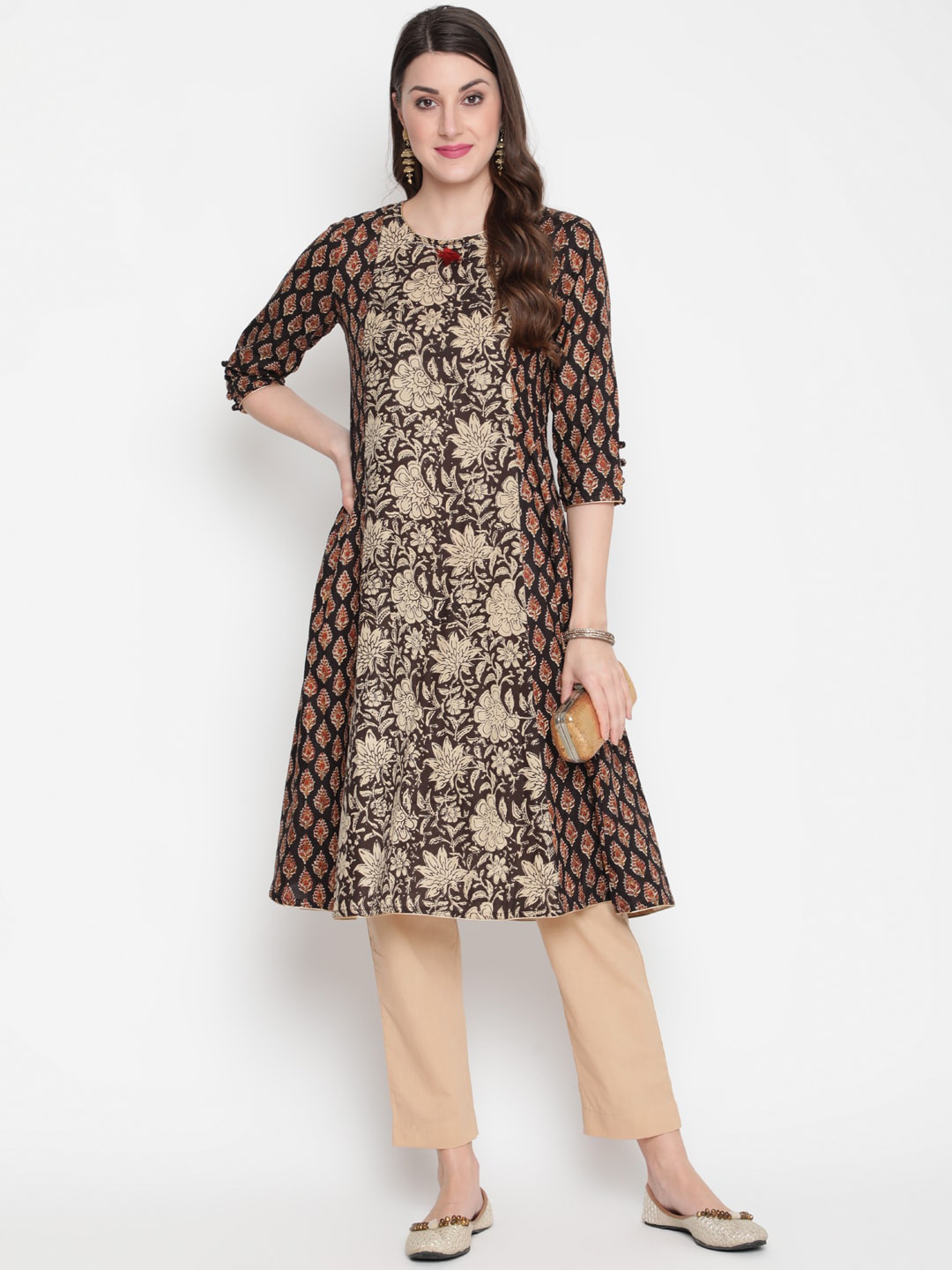 SAVI Beige And Black Cotton Printed A-Line Kurta Dress