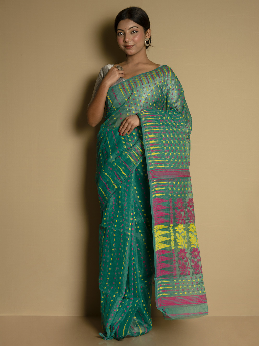 SARIKA Floral Pure Cotton Heavy Work Jamdani Saree