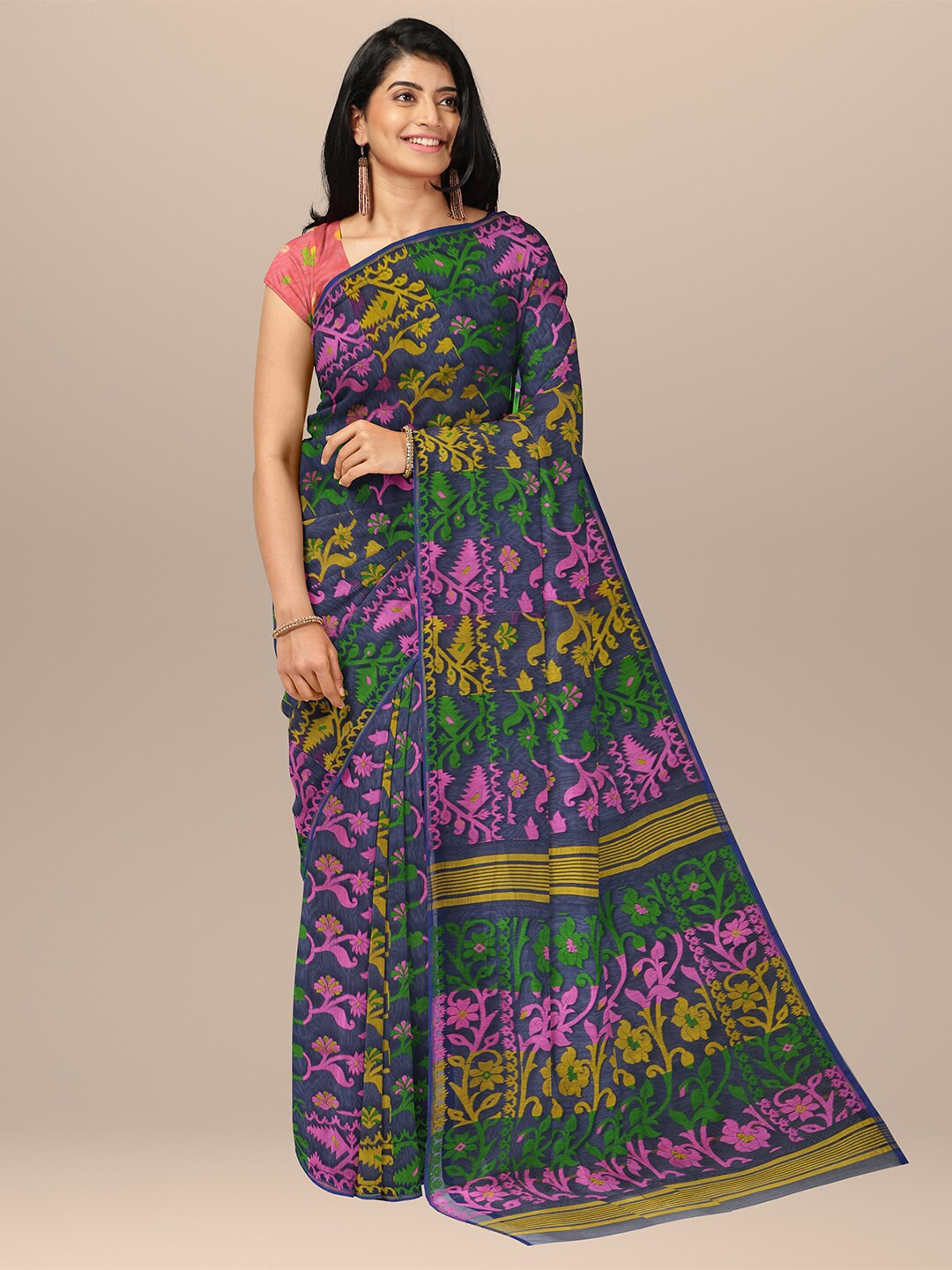 SARIKA Floral Printed Zari Pure Cotton Jamdani Saree