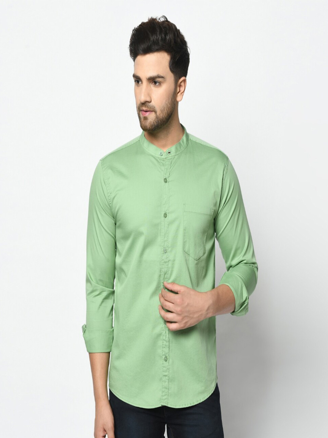 Green Solid Regular Fit Casual Shirt with Mandarin Collar
