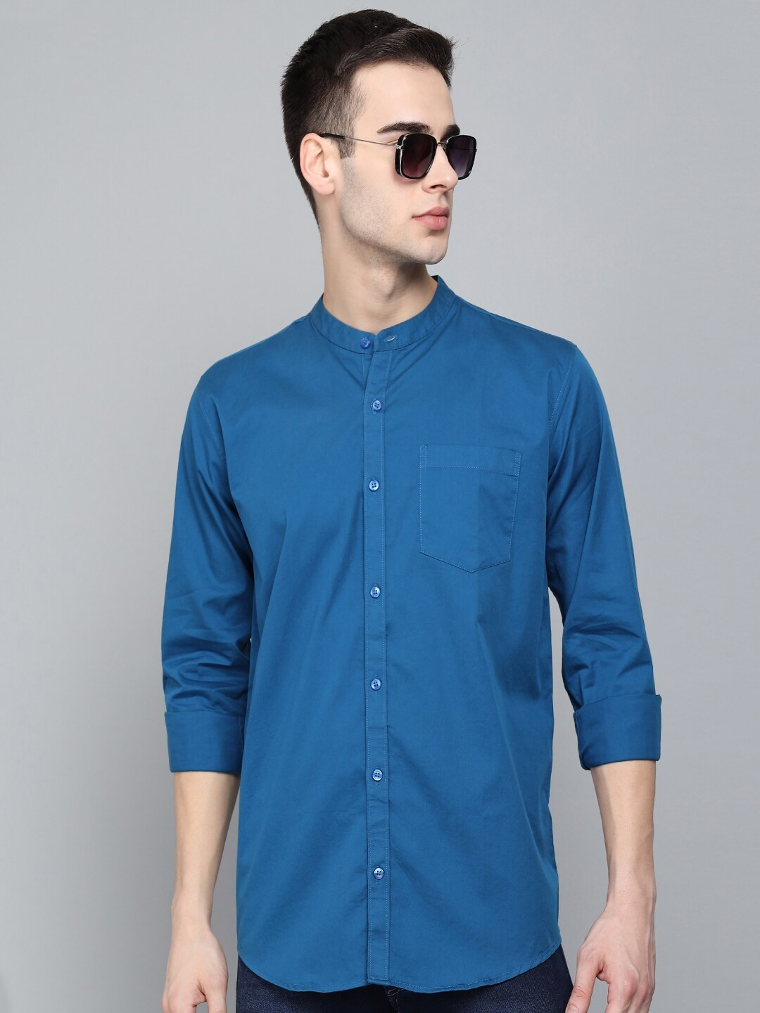 Blue Regular Fit Solid Casual Shirt with Mandarin Collar