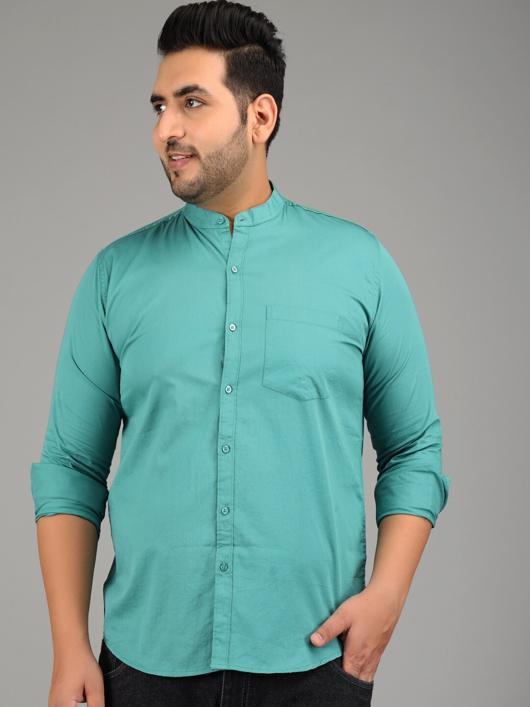 Green Solid Regular Fit Casual Shirt with Band Collar