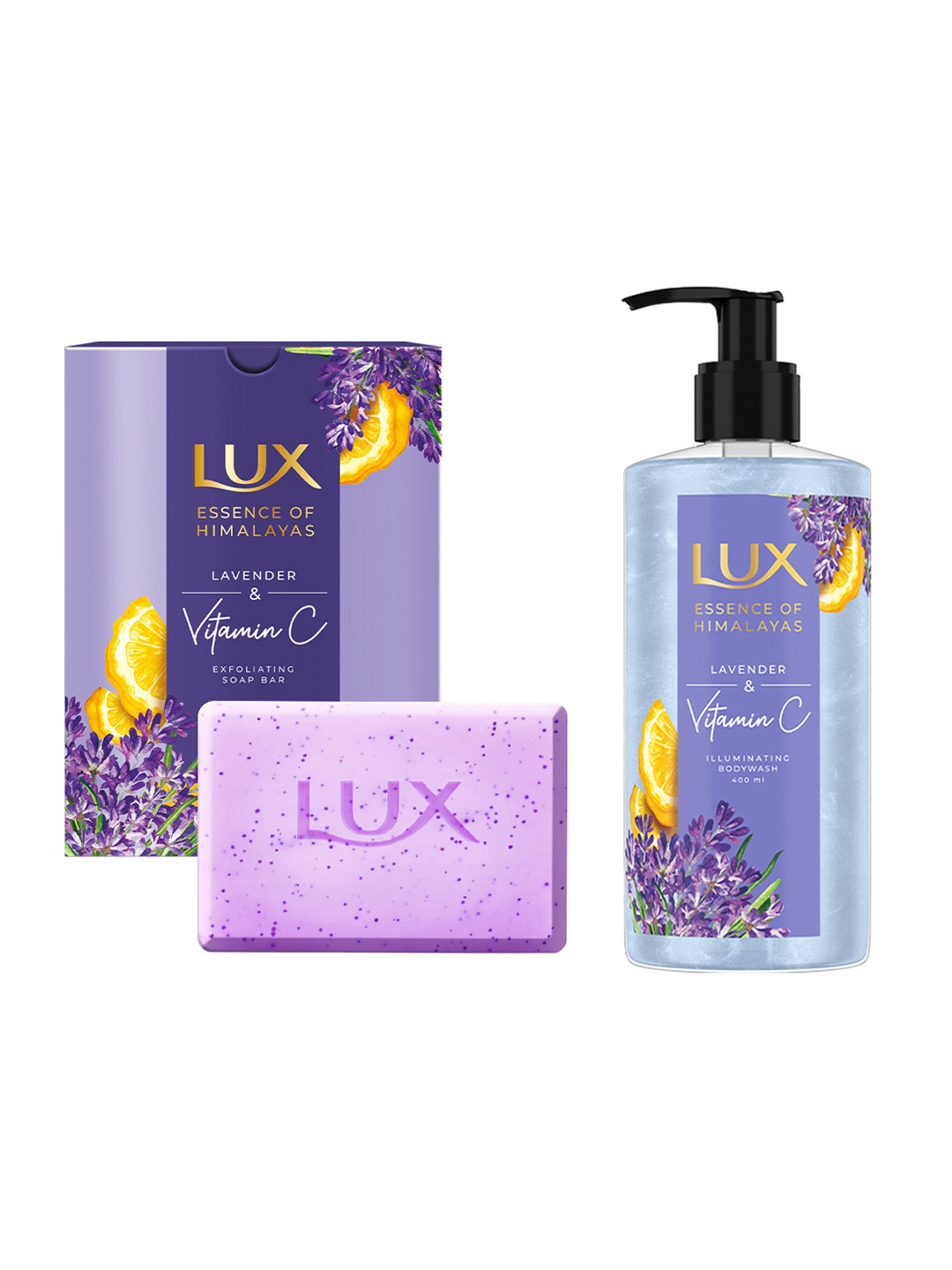 LUX Essence Of Himalayas Lavender & Vitamin C Body Wash 400ml & 5 Pcs Soap Bars 125g Each