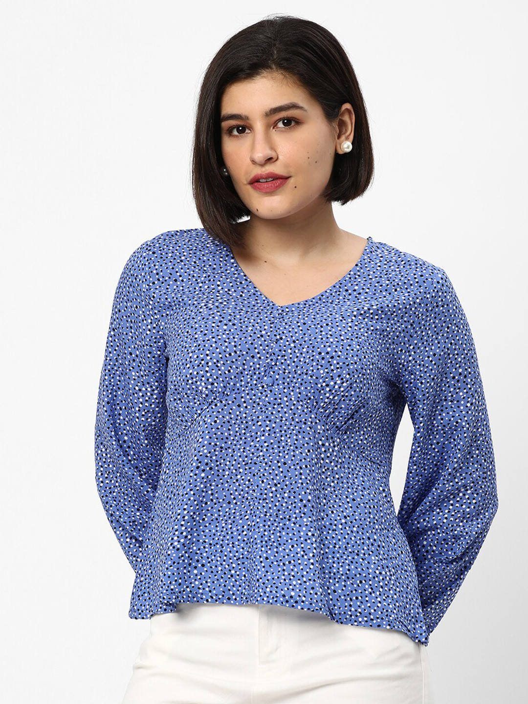 R&B Polka-Dot Printed V-Neck Regular Top